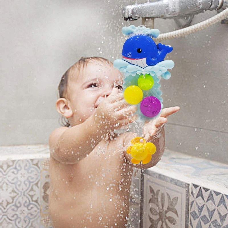 

Baby Bath Toy Water Wheel Dolphin Bathtub Toys Flower Waterfall with Suction Cups for Children Toddler Bathtime Game