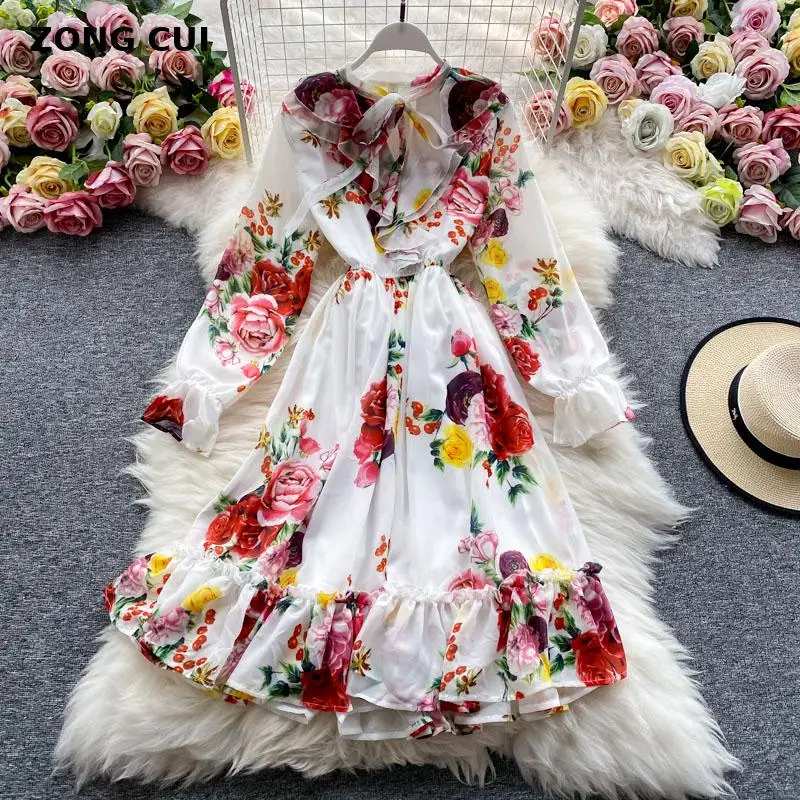 

Женское винтажное платье-трапеция, белое элегантное платье с длинным рукавом, цветочным принтом, бантом на воротнике и оборками, подиумные ...