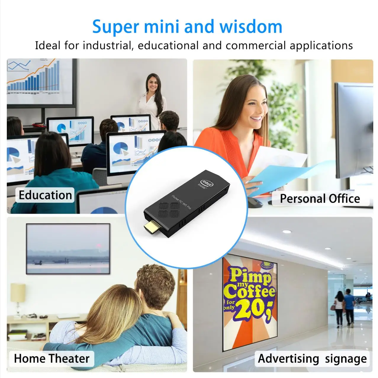 UNIWA WP5 Pro Intel Z8350 Mini PC Windows 10 Pocket PC DDR3 4GB eMMC 64GB Bluetooth 4.2 PC Stick MINI Computer for Work HDMI 4K