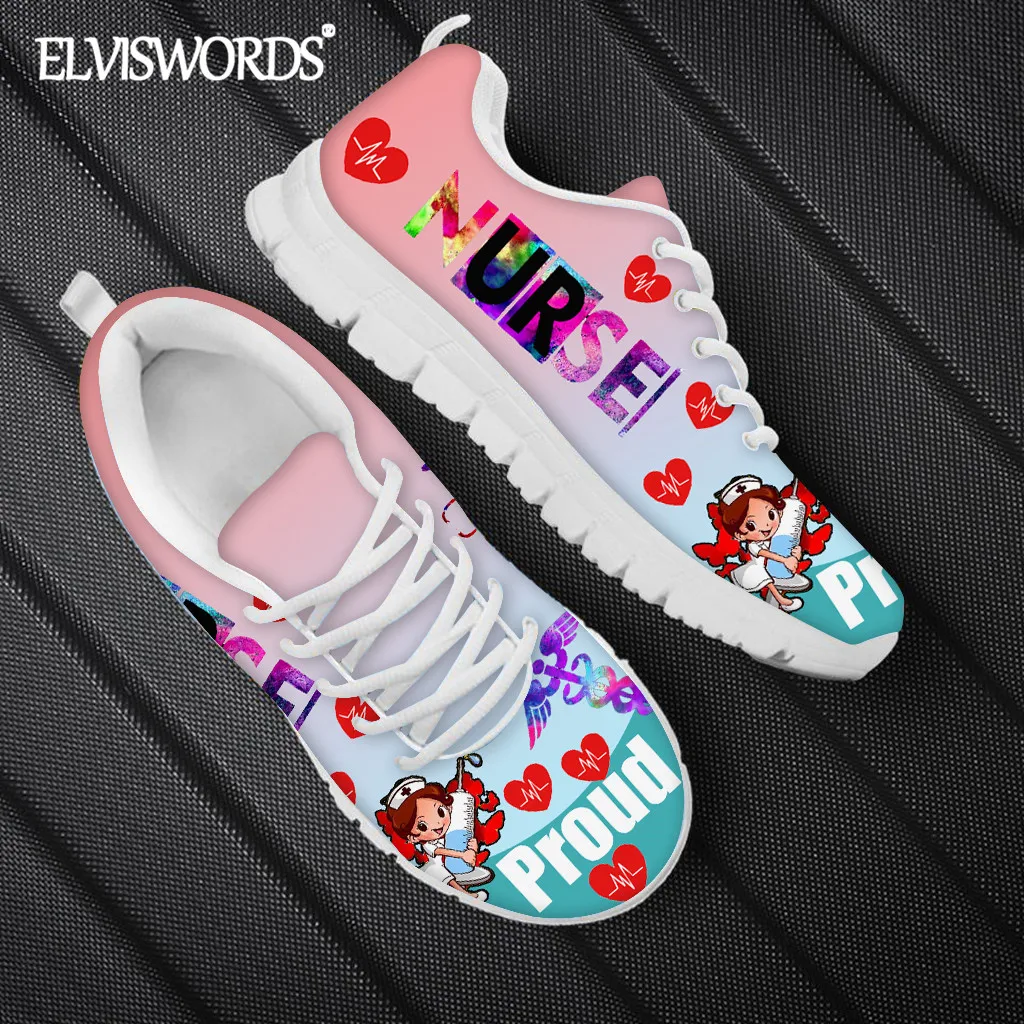 

ELVISWORDS Brand Design Nursing Shoes for Women Cartoon Nurse Pattern Sport Sneaker Female Street Casual Mesh Flat Shoe