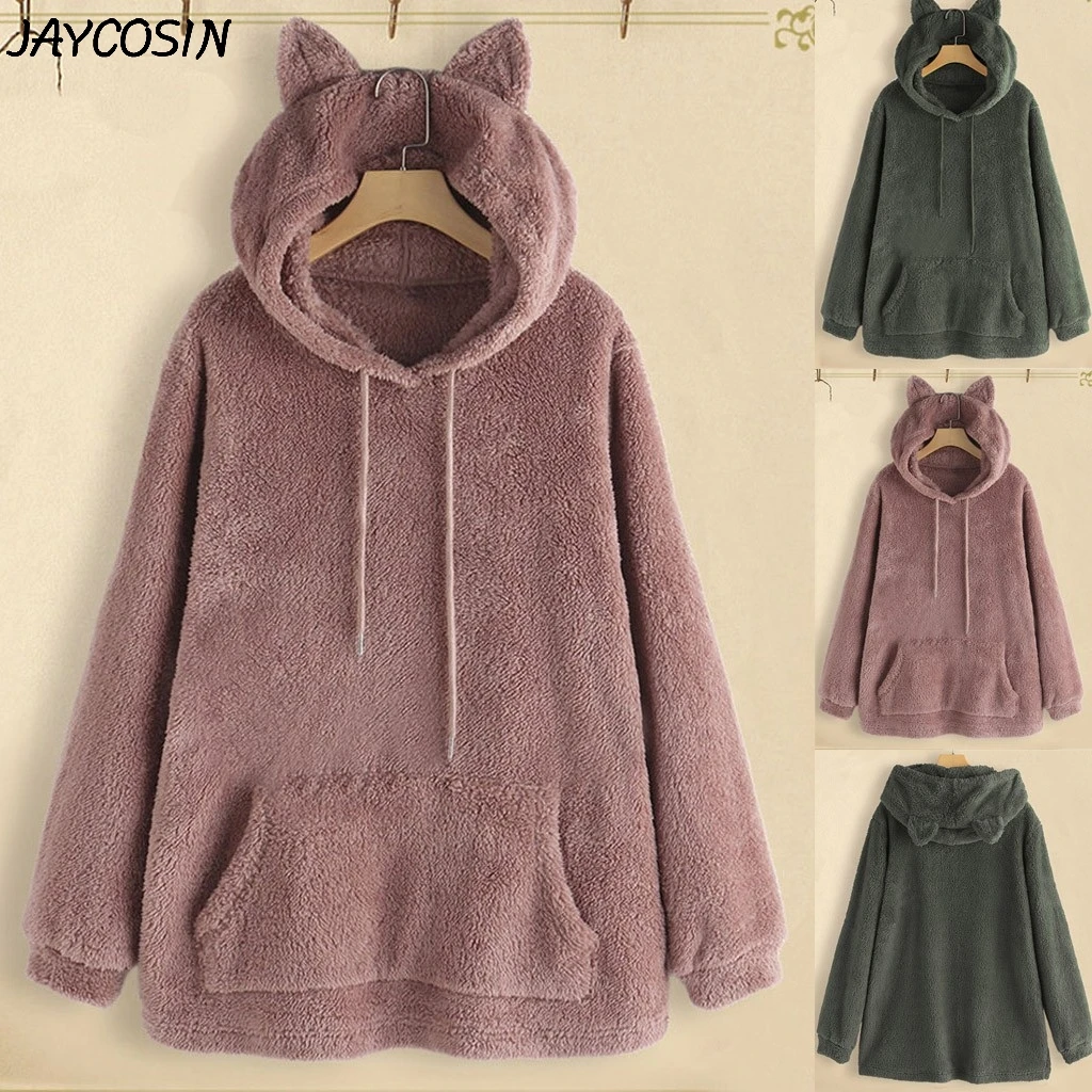 JAYCOSIN размера плюс Женская толстовка с милыми ушками однотонная фланелевая