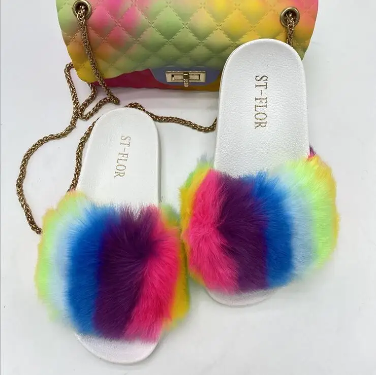 

2020 autumn/winter women durable non-slip sandals rainbow fur slippers outer wear fox fur flip flop Outdoor leisure all-match