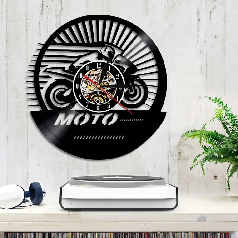 Экстремальные Мотогонки виниловая пластина 3D настенные часы веер настенный