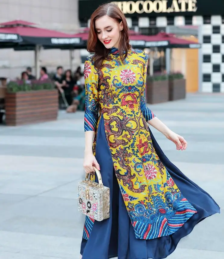 Cheongsam вьетнамские женщины среднего возраста Аутентичные Длинные Элегантные