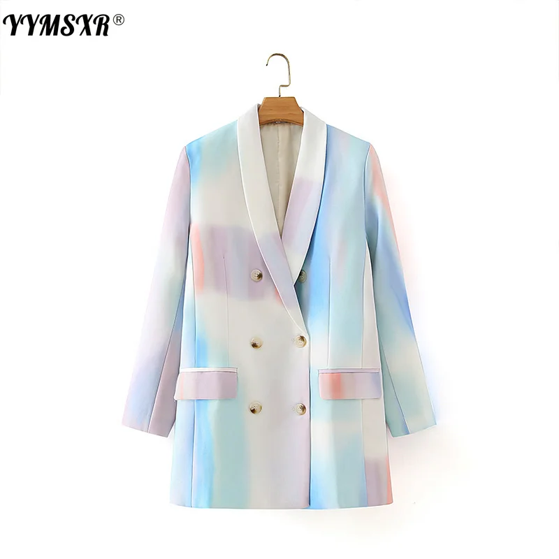 

YYMSXR Za 2021 Women's Double-breasted Lapel Suit Jacket Spring and Autumn Colorful Tie-dye All-match Casual Mid-length Blazer