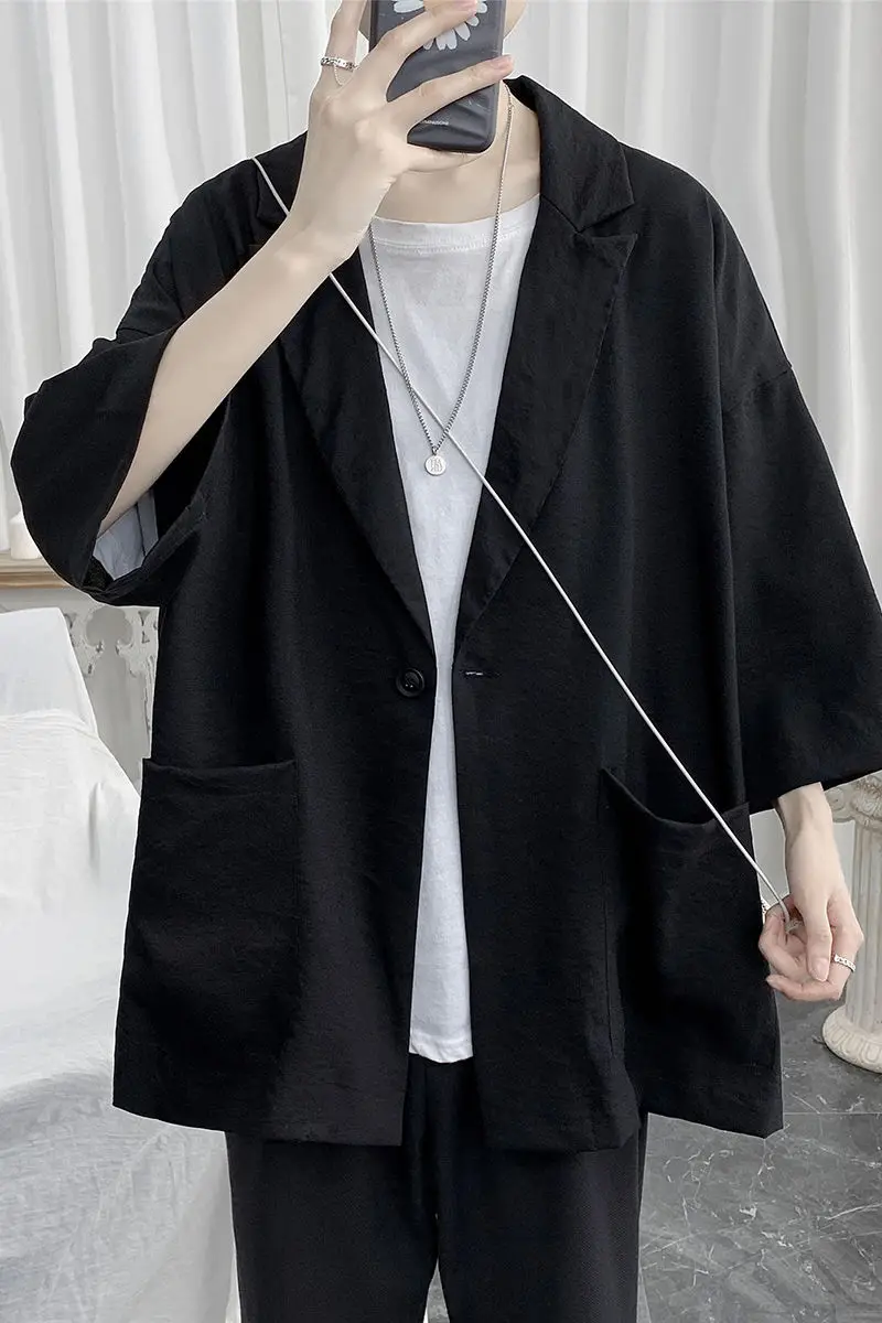 

2020 Spring And Summer New Youth Popular Men's Solid Color Loose Large Size Seven-point Sleeve Suit Fashion Casual Thin Top