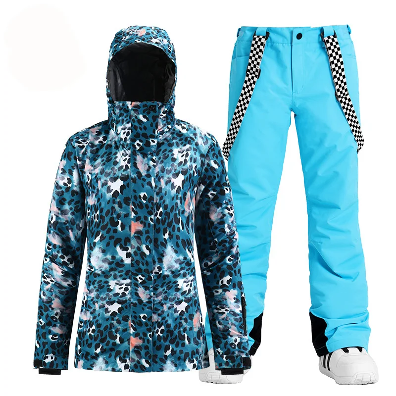 -30 Blue Leopard Women's Snow Suit Wear Outdoor Sports Ski Costumes Waterproof Snowboard Clothing Sets Jacket + Strap Pant Girl | Спорт и