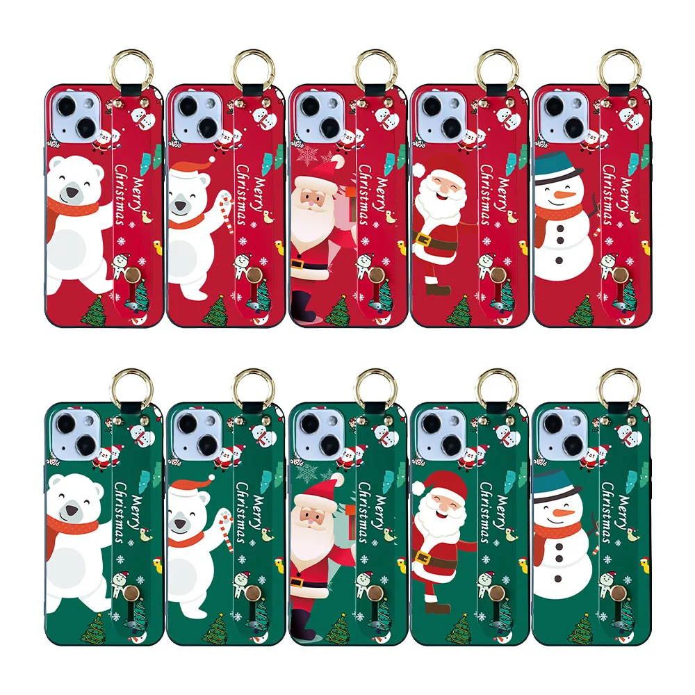 

for iPhone 13 12 11 Pro ProMax Mini XS Max XR X XS 8 7 6 6s Plus Christmas Elk Embossed Band Wristband Bracket Mobile Phone Case