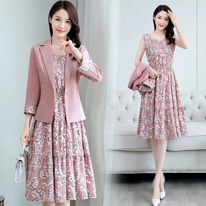 

Ladies Suits Spring Two Piece Set Women Dress Sets Long-Sleeve Blazer Casual 4XL Elegant Printing Long Dresses Suit Coat X359