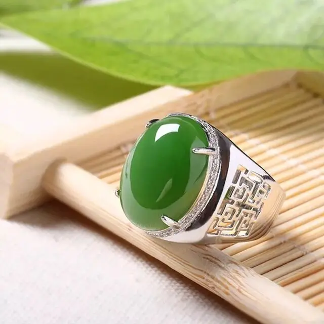 

925 Pure Silver Chinese Style Natural Jasper Men Luxury Popular Noble Oval Adjustable Large Gem Ring Fine Jewelry Support Detect