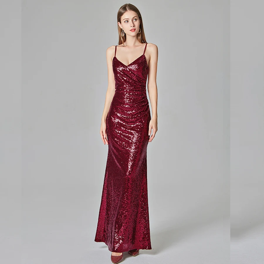 Женское вечернее платье на бретельках длинное Бордовое без рукавов с блестками и
