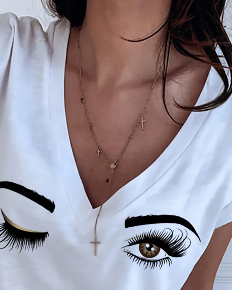 Женская футболка с принтом луны и звезд глубоким V-образным вырезом коротким