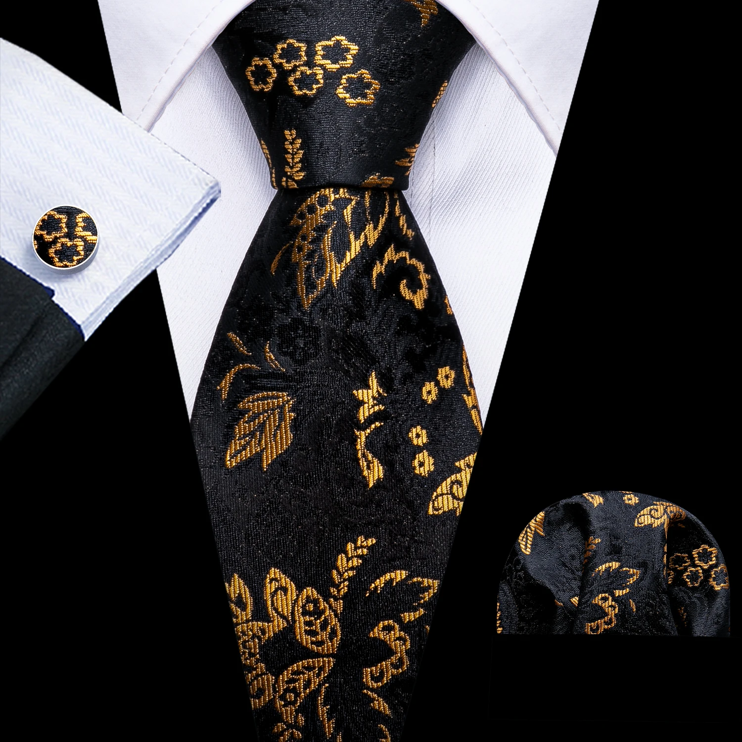 

Fashion Gold Floral Men Tie Set 8.5cm Silk Jacquard Neckties Wedding Business Handkerchief Cufflink Tie Set Barry.Wang FA-6001