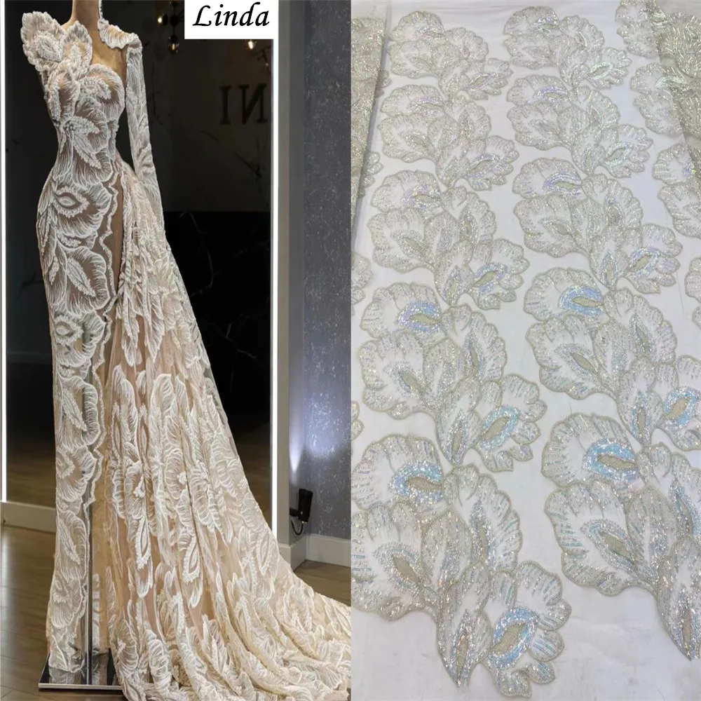 

White Sequins Lace Fabric With Handmade Beads 5 yard African Fabric 2021 High Quality Nigerian Wedding Sewing Lace Dress