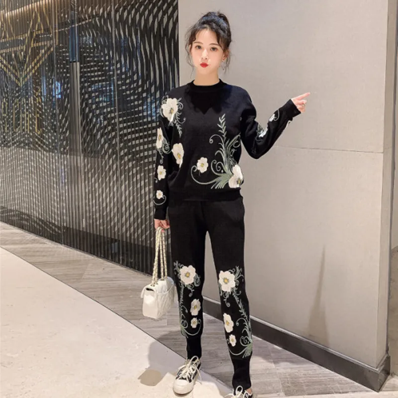 High Quality Winter 2 Piece Sets Women Embroidery Knitted Sweatshirt Pant Suits Elastic Waist Pant Pullovers Tracksuit Femme enlarge