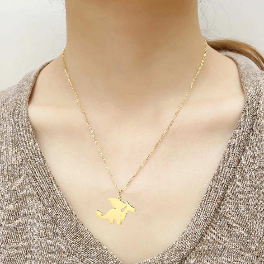 Stainless Steel Delicate Minimalism Gold Little Dinosaur Pendant Necklace Rose Gold Dragon Jewelry Gift For Him with Chain images - 6