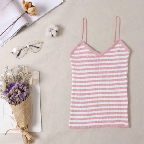 Women Summer Sexy Camisole Tanks Slim Casual Tank Tops Lady's Undershirt Solid Breathable Shoulder Vest For Female - Цвет: pink white stripes