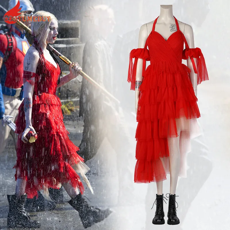 Movie Harleen Cosplay Costumes Quinn Red Dress Woman Skirt Fancy Dress Harley Cosplay Girl Mesh Ball Gown Slip Dress Halloween