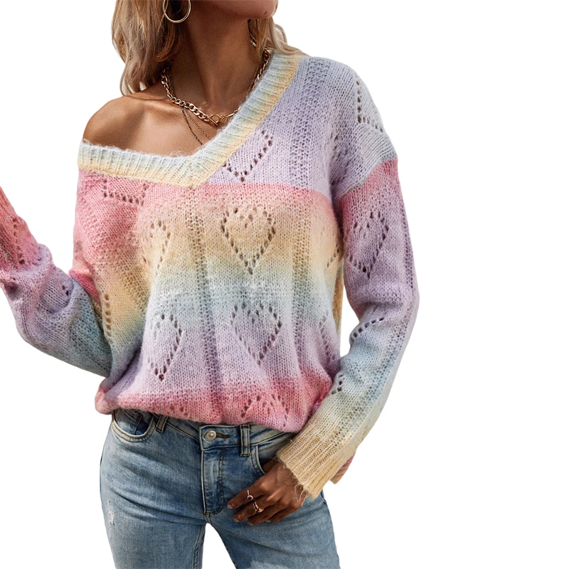 

Hirigin 2021 Women Autumn Jumper Sweater Rainbow V-Neck Long-Sleeves Knitted Loose Pullover Tops for Girls Casual Sweater
