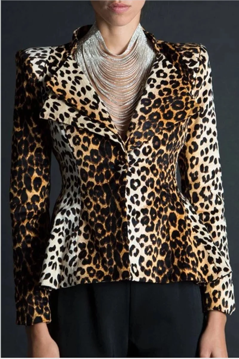 

European and American new style suit women's fashion one button slim double collar leopard print jacket