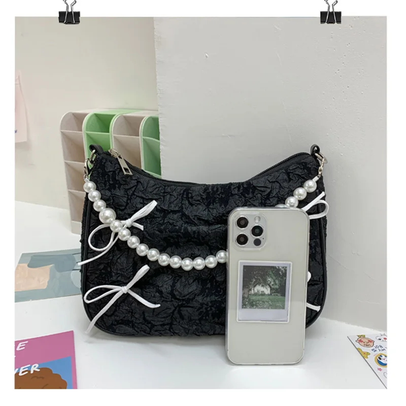 

Nylon Totes Purses and Handbags for Women 2021 Fashion Girls Female Shopper Casual New Vintage Bows Pearls Pleated Baguette Bags