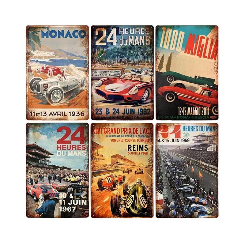 

Винтажная Настенная картина Racingcar, металлическая жестяная вывеска, Декор, гаражный постер, ретро-поглотитель из потертого железа, декоратив...