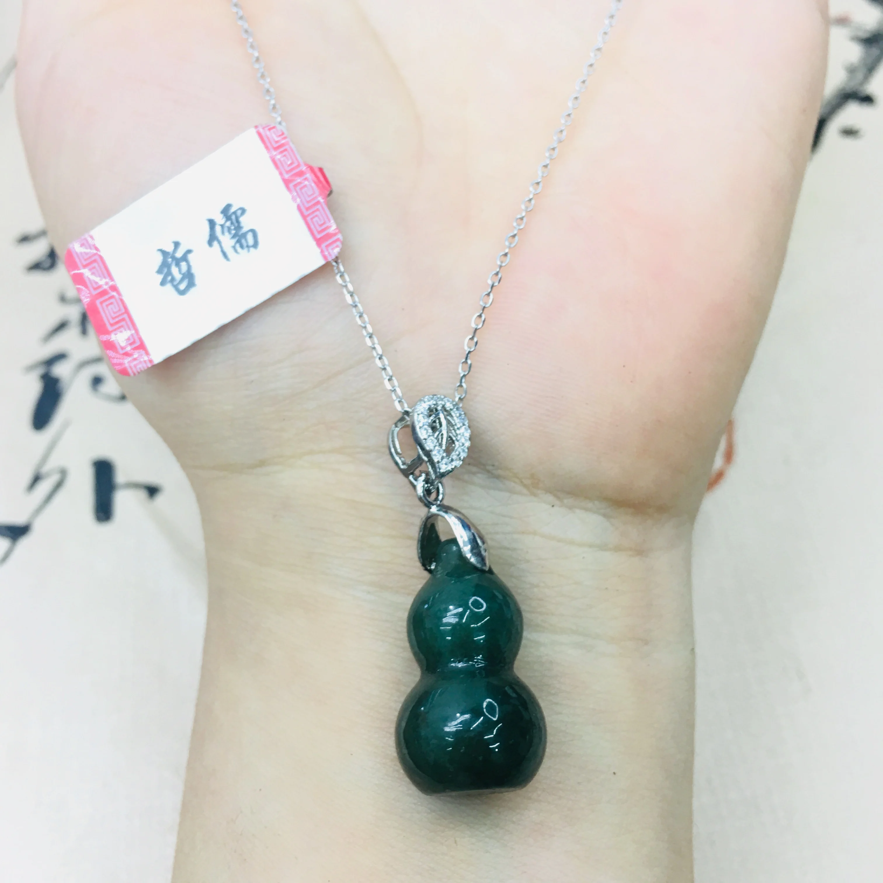 

Natural Burmese Emerald jade carving oil green gourd pendant with 925 sterling silver necklace Elegant lady jade clavicle chain