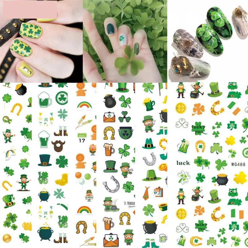 

3D наклейки для дизайна ногтей на День Святого Патрика, зеленые листья, Фотопечать, ультратонкая задняя сторона, наклейки для ногтей s