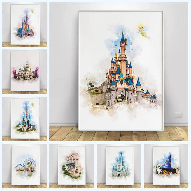 Disney Принцесса эльфов Мечта Замок Холст Плакаты абстрактный мультфильм Акварель
