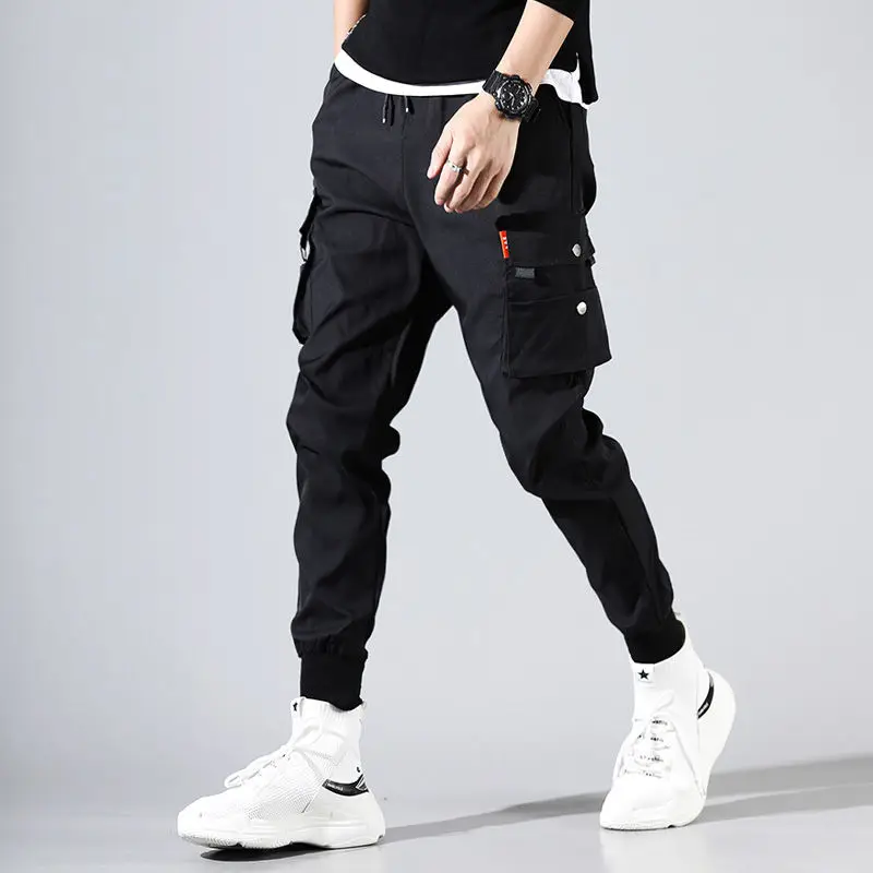 

Cargo Pants Men Solid Color Black Loose Casual Jogger Pocket Elastic waist Ankle Length Trousers Techwear