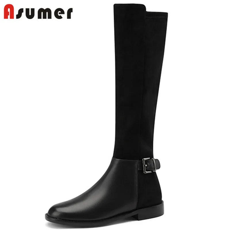 

Asumer 2021 new arrive knee high boots women autumn winter genuine leather +flock low heel casual shoes woman long boots