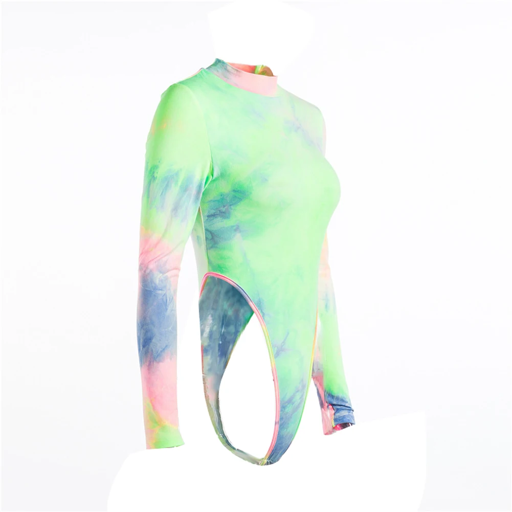 

2020 Autumn Winter Women's Tie Dye Bodysuit Mock Turtle Neck Long Sleeve Color Jumpsuit Top Outfits Skinny Playsuit