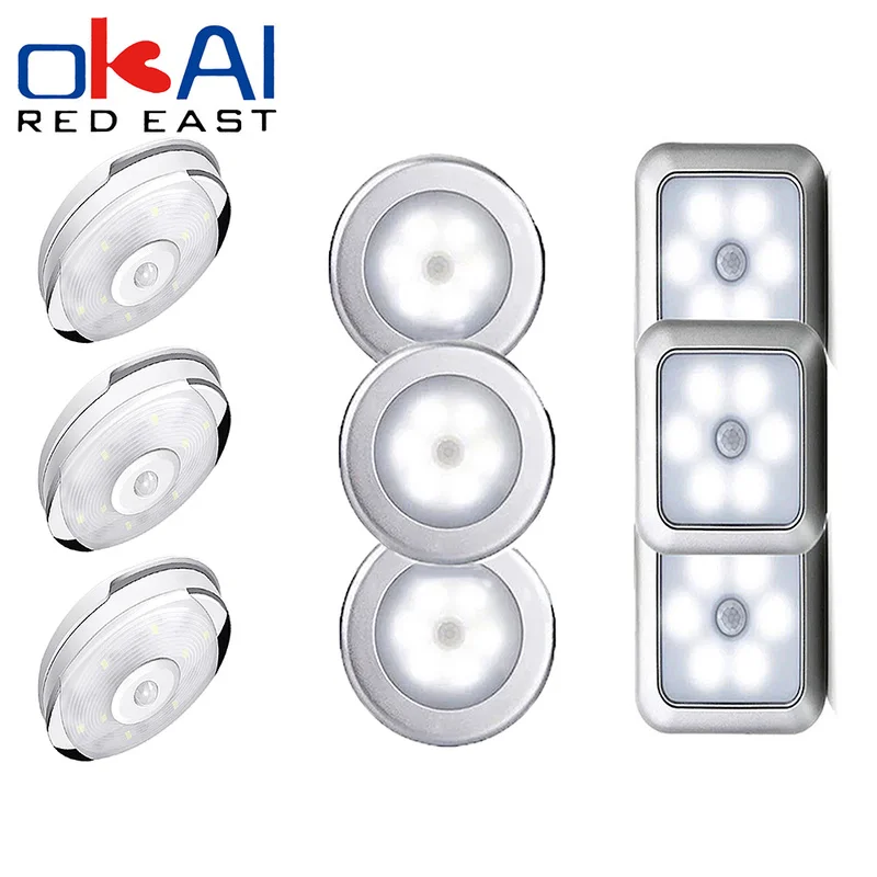 

2021 Battery Powered 6 LED Motion Sensor Night Lights PIR Induction Under Cabinet Light Closet Lamp for Stairs Kitchen for Home