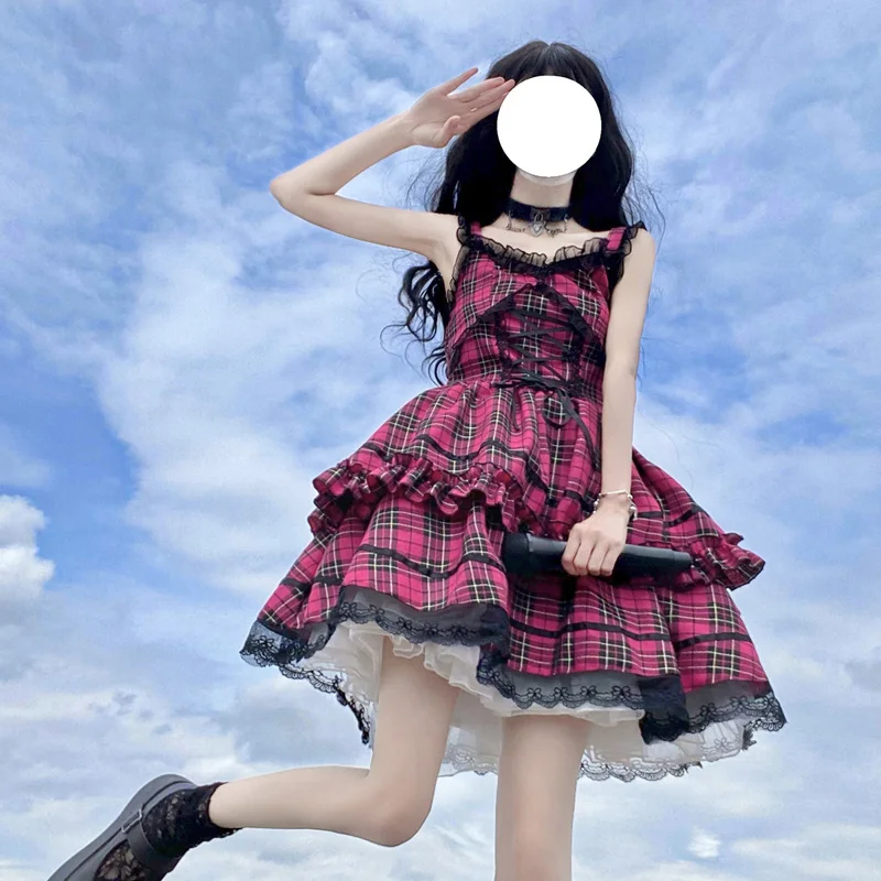 

New Original JSK Lolita Dress Women Street Hot Girl Dark Rock Plaid Dress Female Mini Sling Strap Lace Ball Gown Dresses Mujer