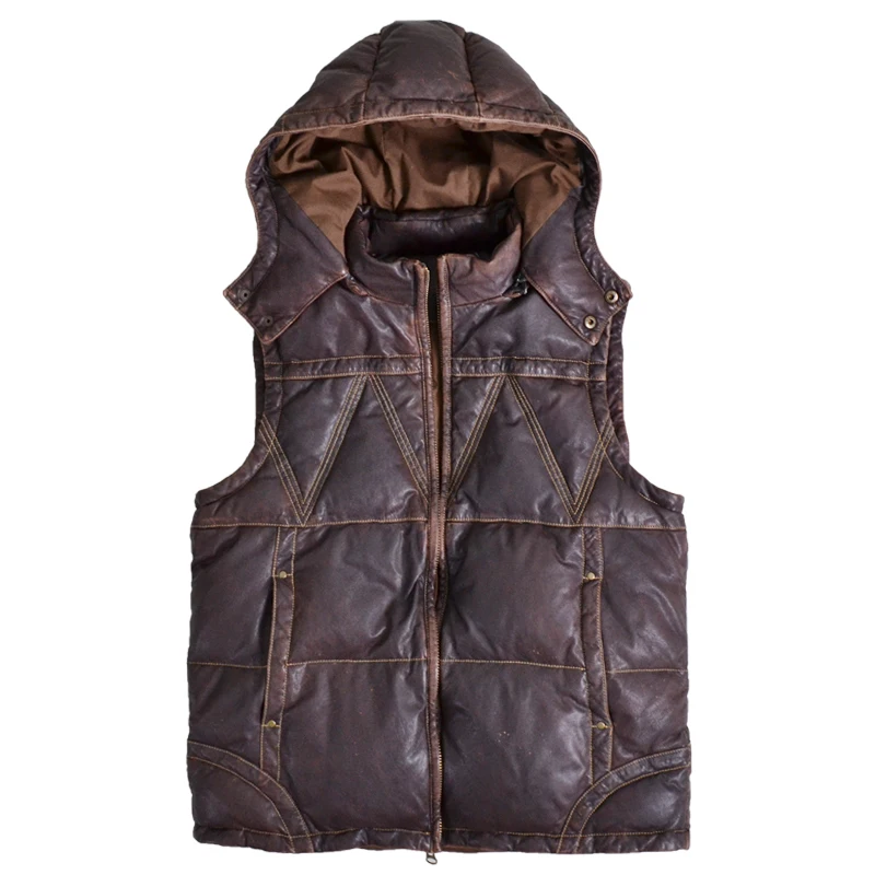 2020 мужской кожаный пуховый жилет с капюшоном Мужской винтажный итальянский из