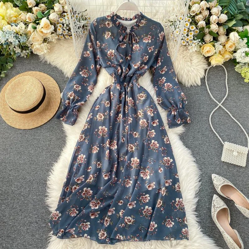 

2020 Autumn Summer Long-sleeved Chiffon Dress Women Floral Ruffled Casual Dresses Elastic Waist Print Female Mid-calf Vestidos