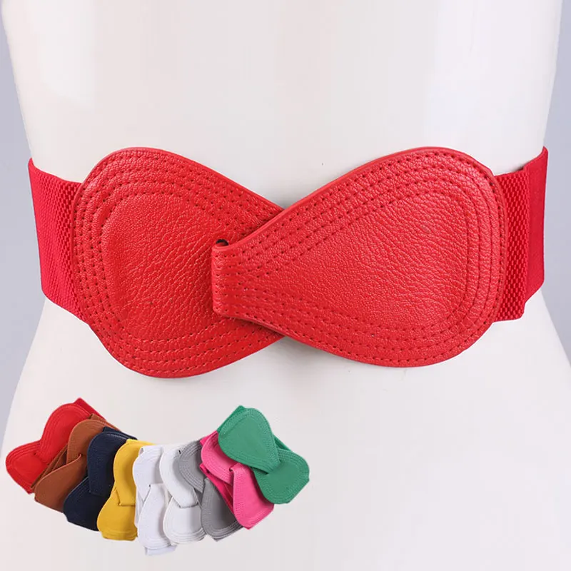 Cinturón con lazo para mujer, faja elástica de color rojo, negro, blanco y amarillo, cinturón ancho, corsé de cuero de imitación