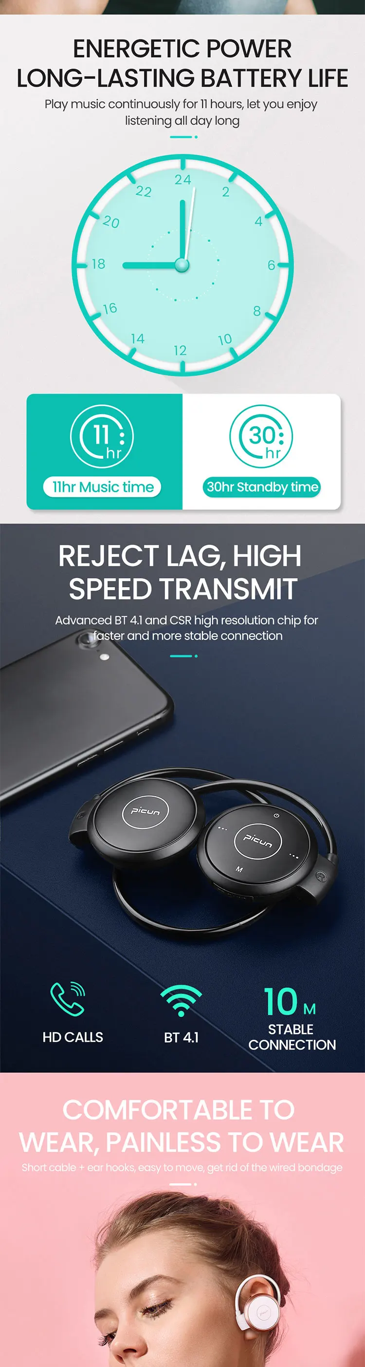 Picun T6, ушные крючки, беспроводные Bluetooth наушники, спортивная водонепроницаемая гарнитура, MP3, FM наушники с шумоподавлением, поддержка TF карты