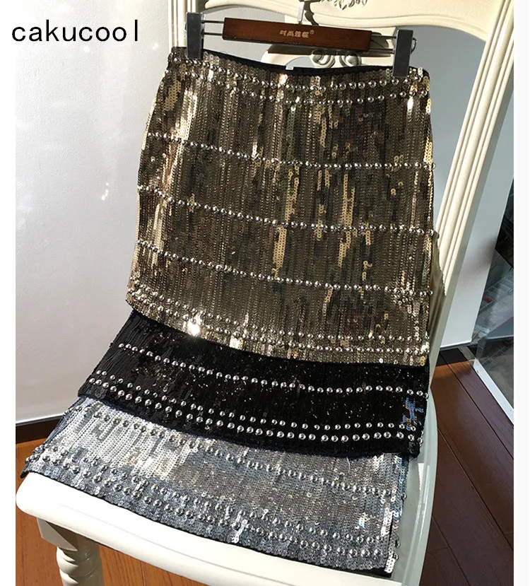 Cakucool для женщин Винтаж блестками мини юбка с и бисером облегающая серебристого
