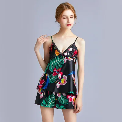 Summer New Style 2 Pcs Set Women Pyjama Satin Sexy Sleepwear High Quality Silk Pajamas Lingerie Lace V-neck Nightgown