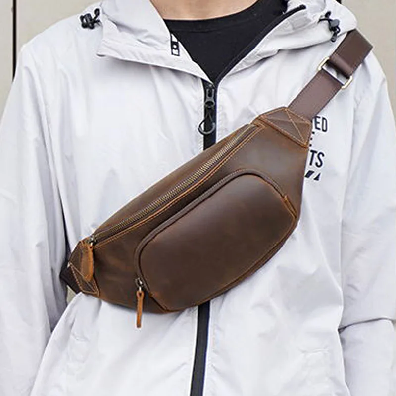 

AETOO New ins retro men's leather shoulder messenger first layer cowhide chest bag crazy horse leather casual men's belt bag