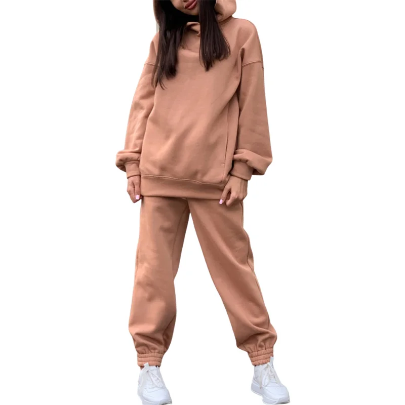 

2 Pcs Women Sports Outfits, Adults Solid Color Long Sleeve Hooded Sweater with Pocket + Pants with Drawstring