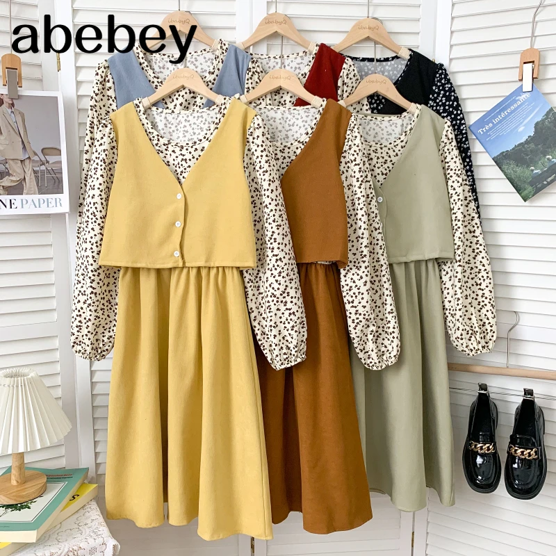 

Fashion O-neck long sleeve Dress floral patchwork high waist pleated mid-length fake two-piece Dress 2021 New Spring Autumn