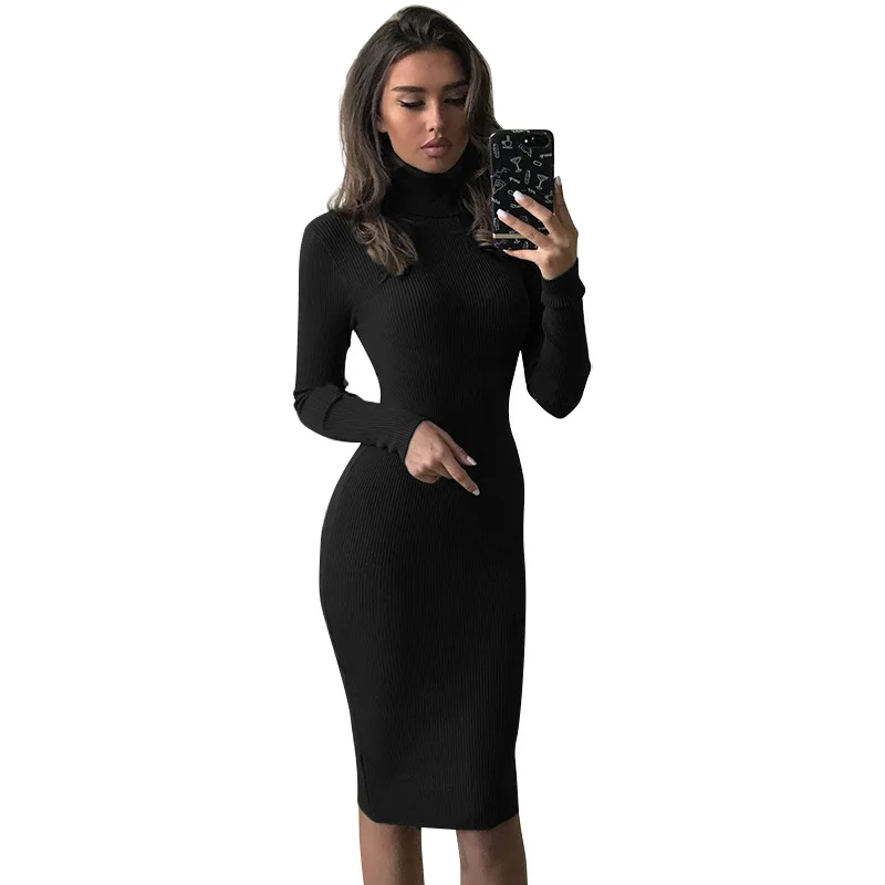 

Ribbed Knitted Midi Dress 2021 Autumn Women Fashion Turtleneck Long Sleeve Party Dresses Lady Casual Black Bodycon Dress Vestido