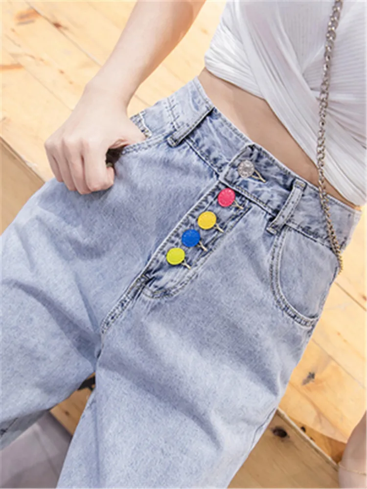 

Jeans Women Fashion 2021 Summer New Thin Section Colorful Buttons High Waist Light Color Nine Points Harlan Pantalon Pour Femme