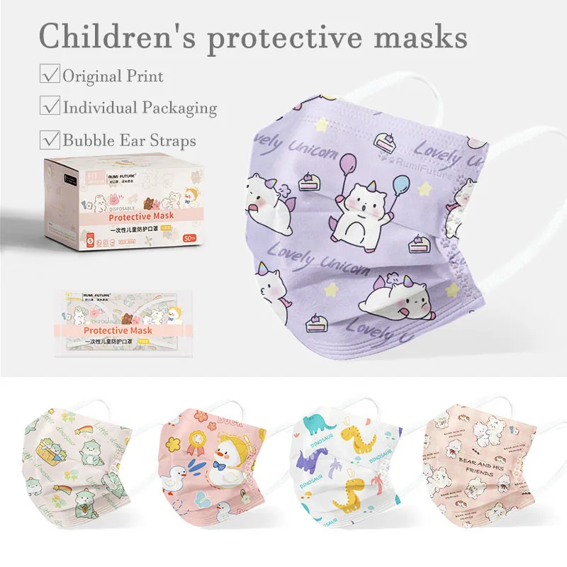 

50pcs Child Cartoon Face Masks Boy Girl Mascarillas Cute Annimal Printed Mask 3ply Disposable Mask for Children Aged 4-12