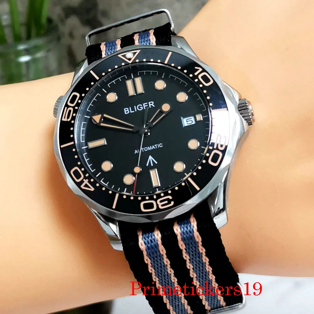 

41mm Bliger Automatic Men's Wristwatch Black Dial Orange Marks Auto Date NH35 MIYOTA 8215 Movement Nylon Band Solid Back