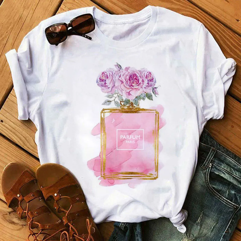 

New Floral Bottle Print T Shirt Women Fashion Summer T Shirt Female Casual Short Sleeve Tops Graphic Tee Shirts Women T-shirts