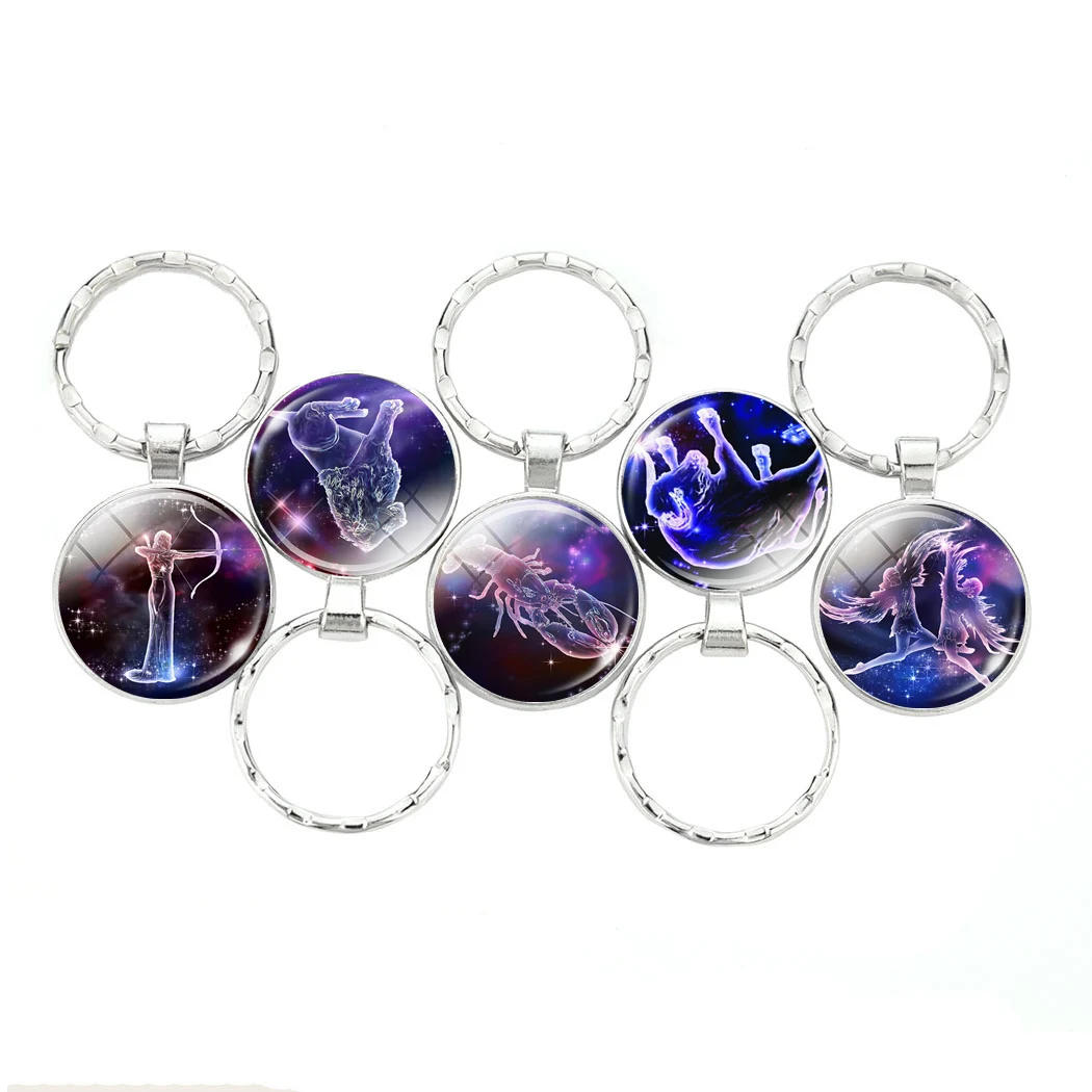 

12 Constellations Key Chains 12 Zodiac Signs Glass Cabochon Keychain Leo Virgo Cancer Gemini Libra Pisces Pendant Keyring