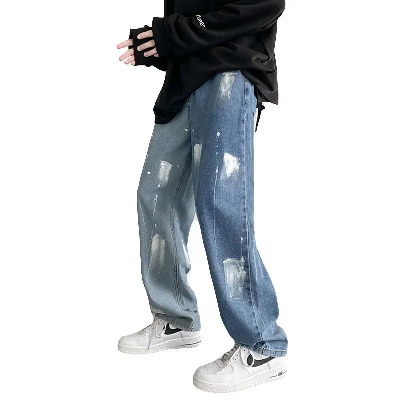 ICCLEK Splash Ink Jeans Men's Straight Loose Pants Spring and Autumn Casual Trousers Ripped Jeans for Men  Straight Leg Jeans